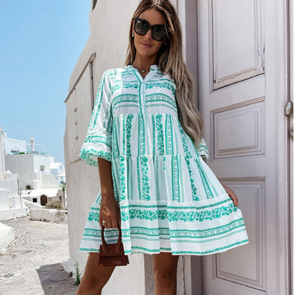 Tiered Bohemian Print Tunic Dress in Green and White