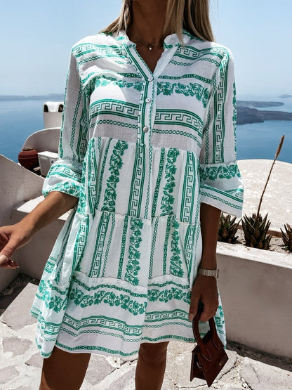 Tiered Bohemian Print Tunic Dress in Green and White