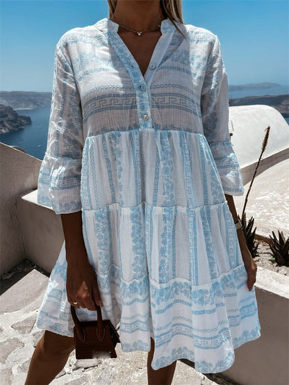 Tiered Bohemian Print Tunic Dress in Green and White