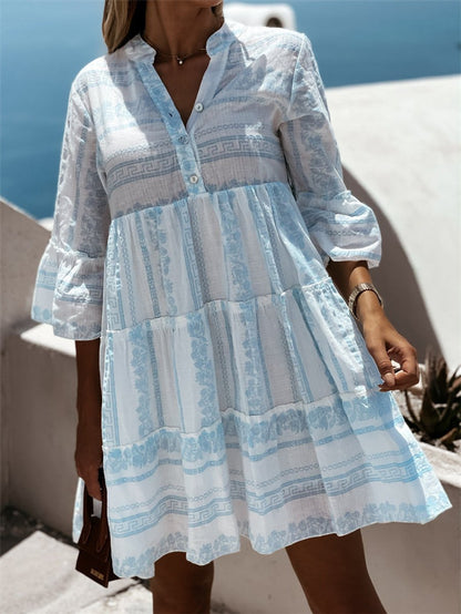 Tiered Bohemian Print Tunic Dress in Green and White