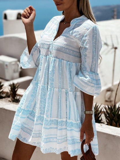 Tiered Bohemian Print Tunic Dress in Green and White
