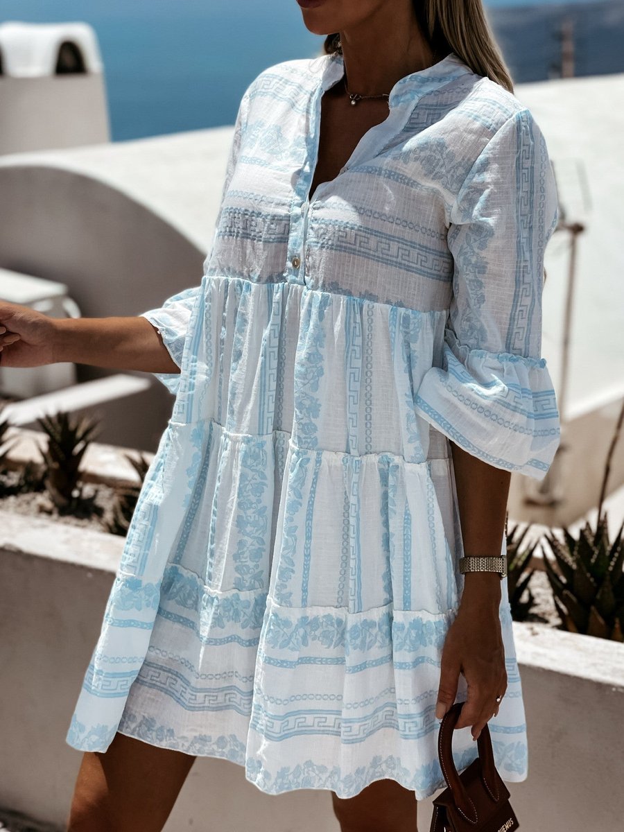 Tiered Bohemian Print Tunic Dress in Green and White