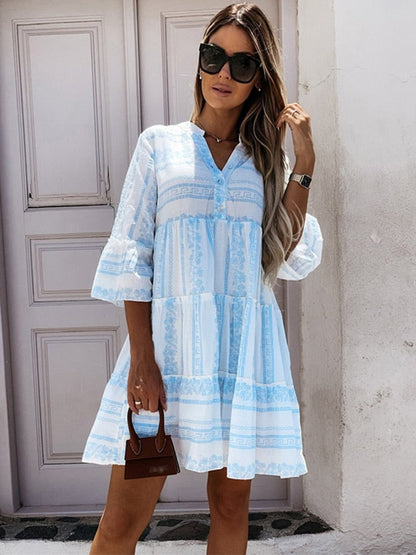 Tiered Bohemian Print Tunic Dress in Green and White