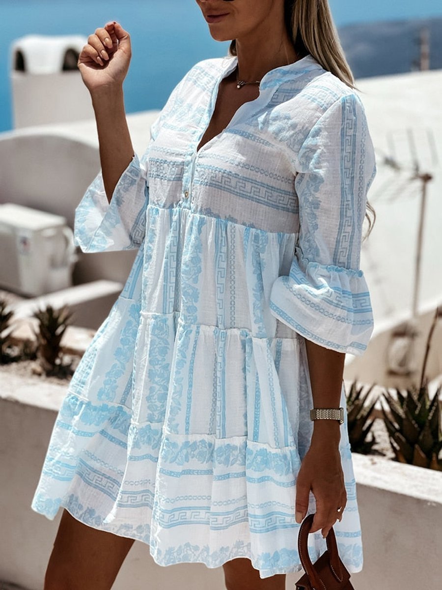 Tiered Bohemian Print Tunic Dress in Green and White