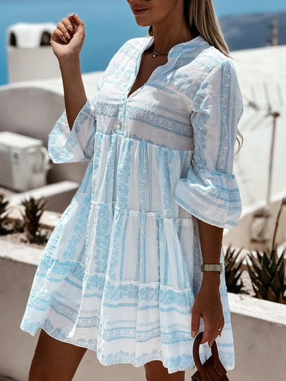 Tiered Bohemian Print Tunic Dress in Green and White