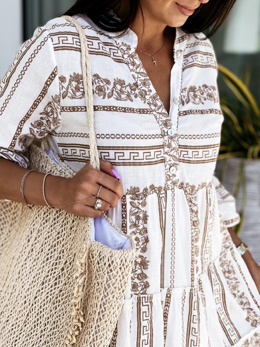 Tiered Bohemian Print Tunic Dress in Green and White