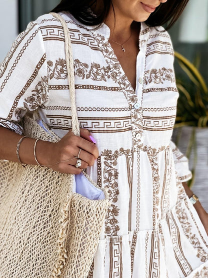 Tiered Bohemian Print Tunic Dress in Green and White