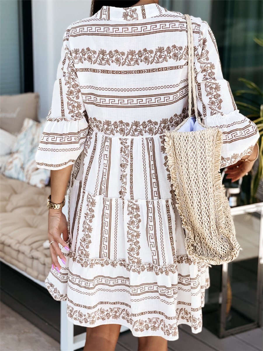 Tiered Bohemian Print Tunic Dress in Green and White