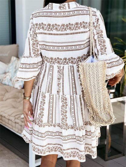 Tiered Bohemian Print Tunic Dress in Green and White