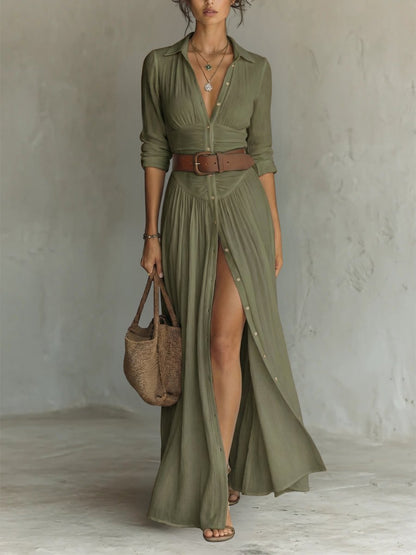 Belted Button-Through Maxi Shirt Dress