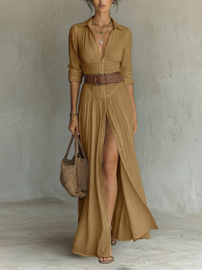 Belted Button-Through Maxi Shirt Dress
