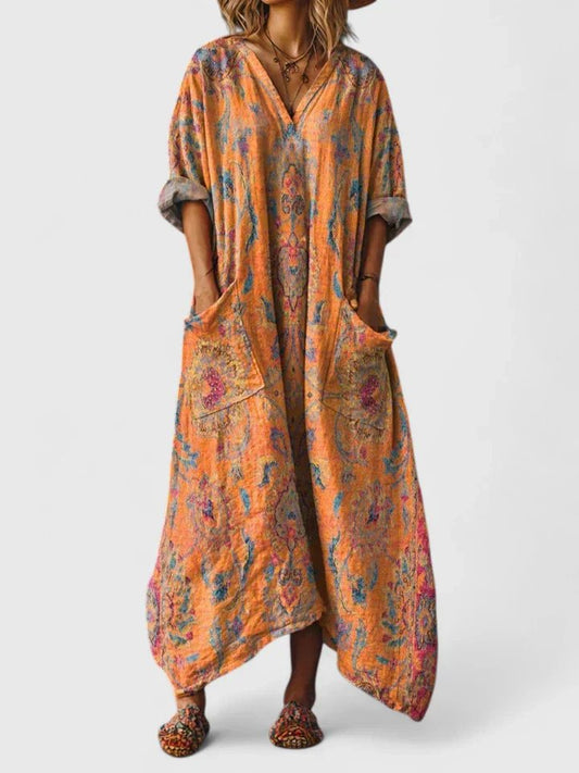 Paisley Print Oversized Cotton Maxi Dress with Pockets