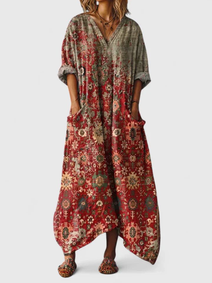 Paisley Print Oversized Cotton Maxi Dress with Pockets