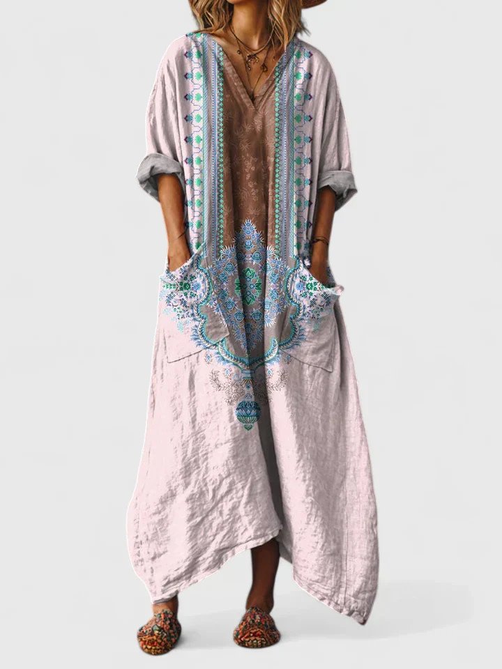 Paisley Print Oversized Cotton Maxi Dress with Pockets