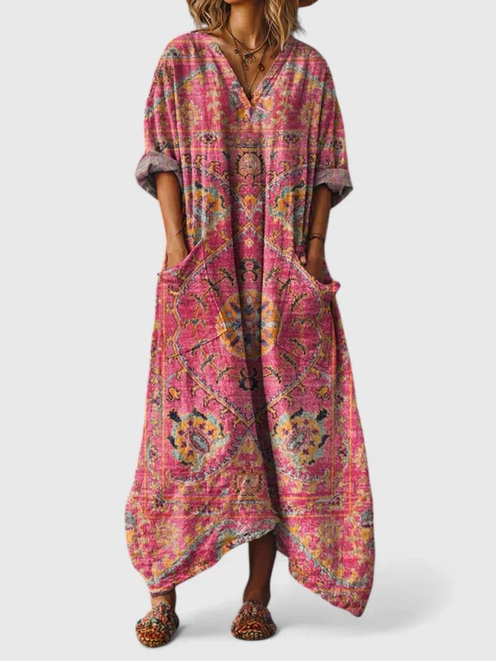 Paisley Print Oversized Cotton Maxi Dress with Pockets