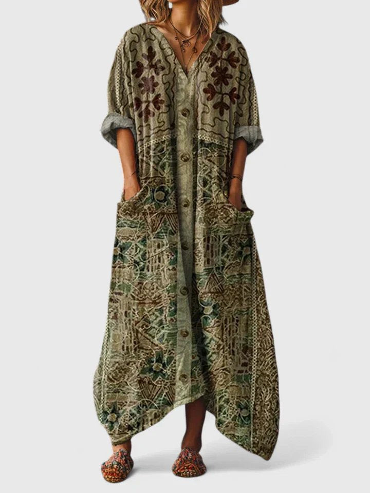 Paisley Print Oversized Cotton Maxi Dress with Pockets