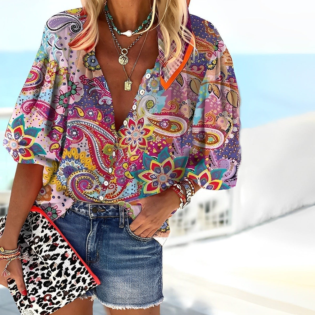 Paisley Print V-Neck Blouse with 3/4 Sleeves