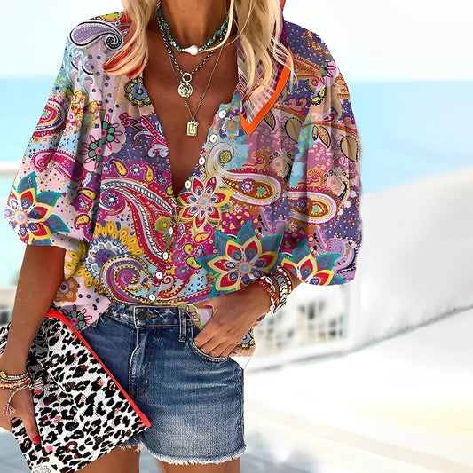 Paisley Print V-Neck Blouse with 3/4 Sleeves
