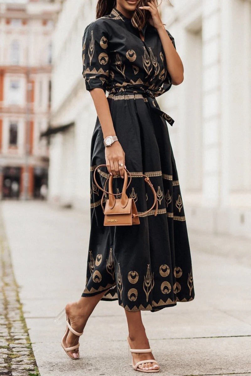 Bohemian Print Midi Dress with Tie Belt