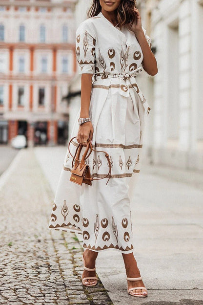Bohemian Print Midi Dress with Tie Belt