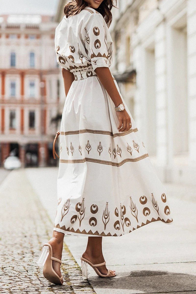 Bohemian Print Midi Dress with Tie Belt