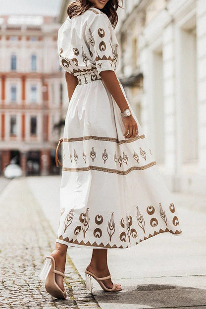 Bohemian Print Midi Dress with Tie Belt