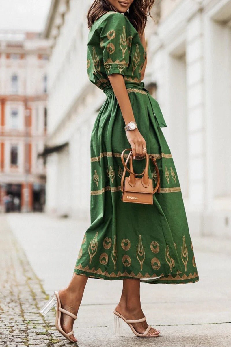 Bohemian Print Midi Dress with Tie Belt