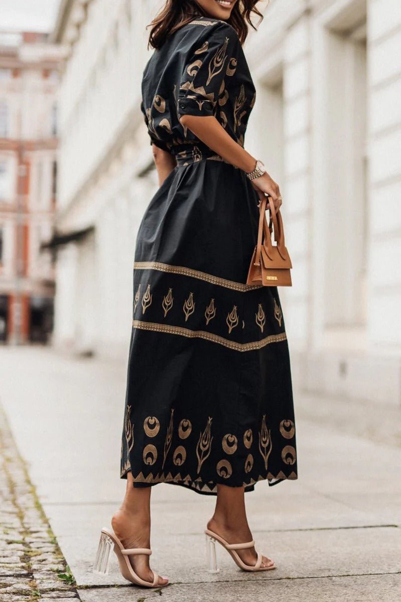 Bohemian Print Midi Dress with Tie Belt