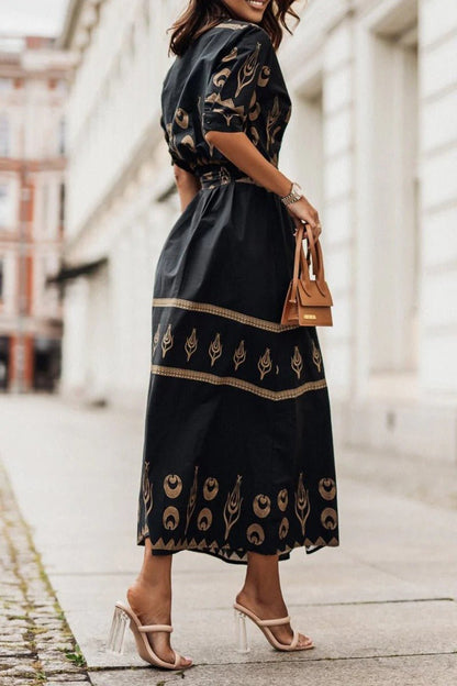 Bohemian Print Midi Dress with Tie Belt