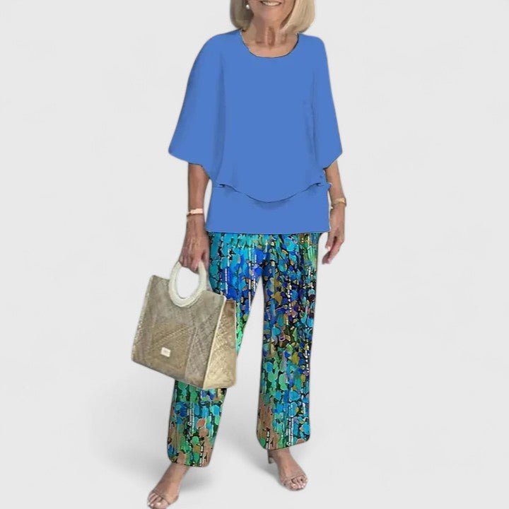 Draped Batwing Top and Wide-Leg Foliage Trousers Set
