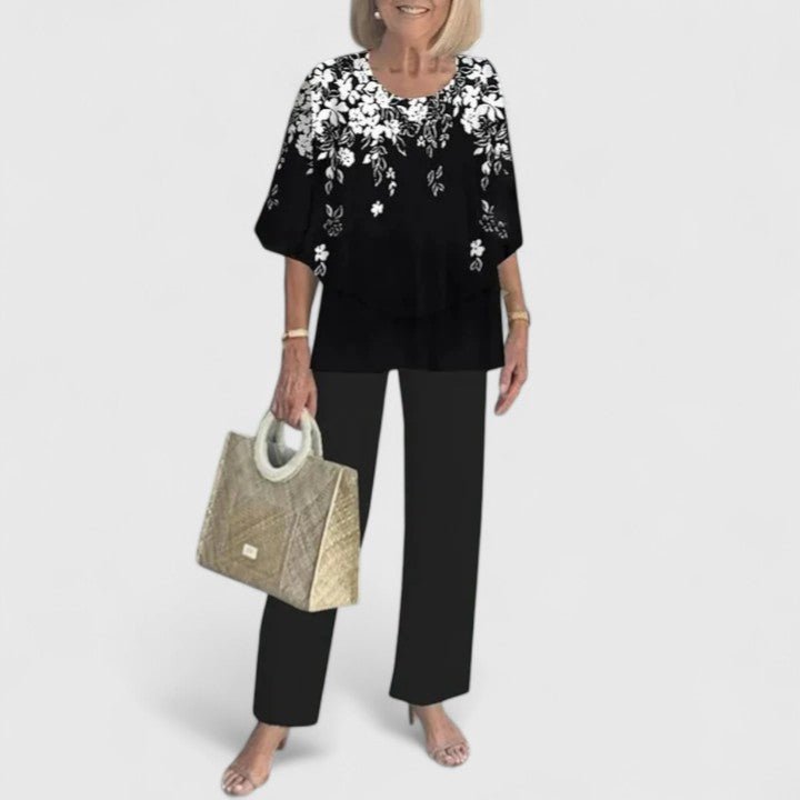 Draped Batwing Top and Wide-Leg Foliage Trousers Set