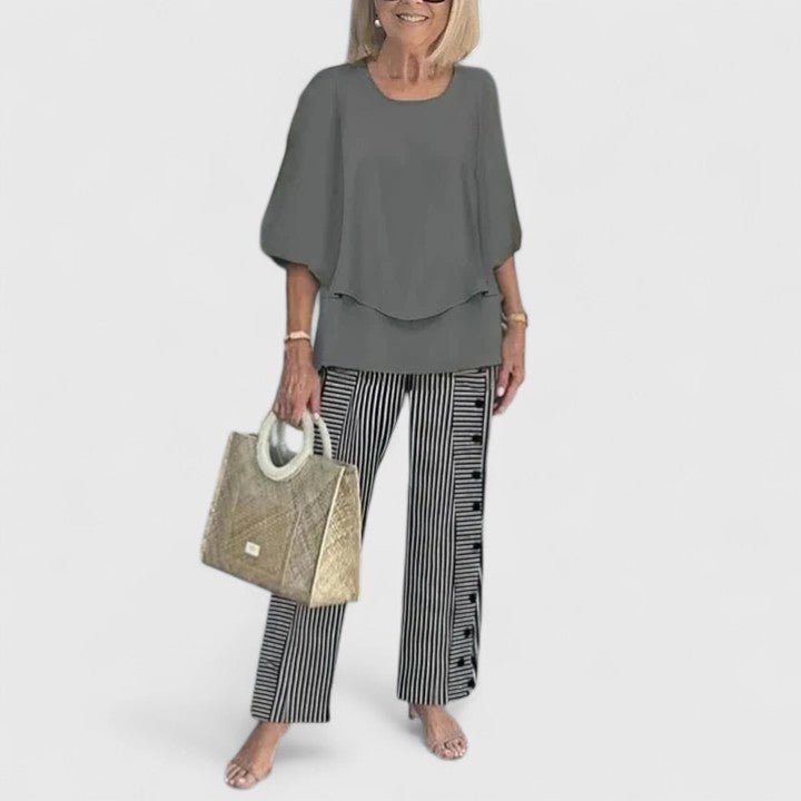 Draped Batwing Top and Wide-Leg Foliage Trousers Set