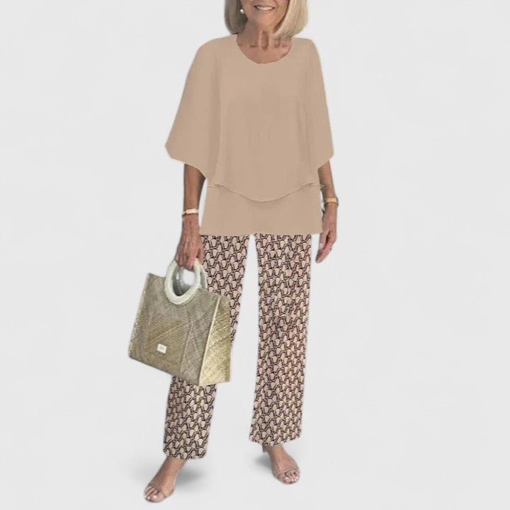 Draped Batwing Top and Wide-Leg Foliage Trousers Set