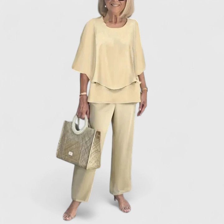 Draped Batwing Top and Wide-Leg Foliage Trousers Set
