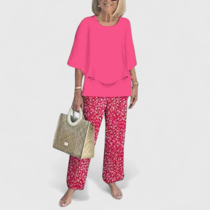 Draped Batwing Top and Wide-Leg Foliage Trousers Set