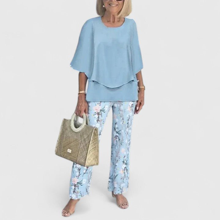 Draped Batwing Top and Wide-Leg Foliage Trousers Set