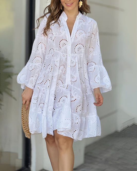 Broderie Anglaise Button-Through Shirred Dress