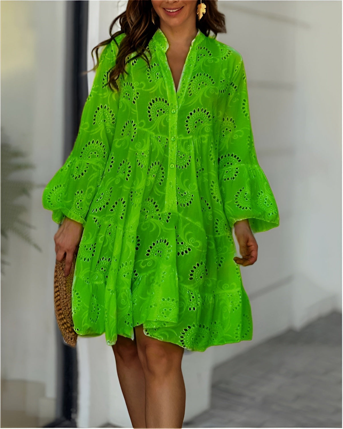 Broderie Anglaise Button-Through Shirred Dress