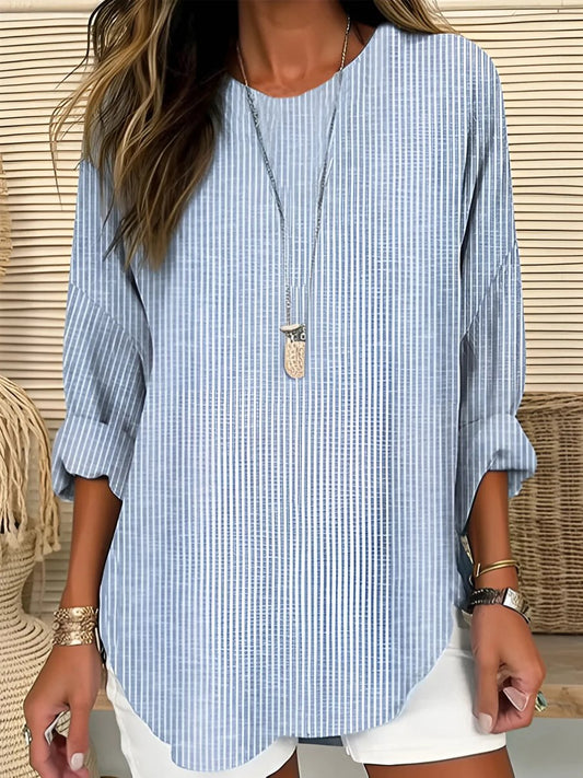 Relaxed Round Neck Striped Top with Three-Quarter Sleeves