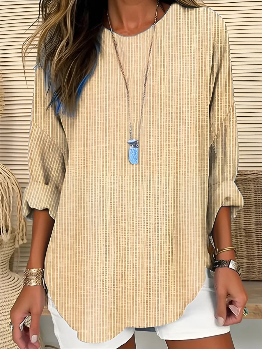 Relaxed Round Neck Striped Top with Three-Quarter Sleeves