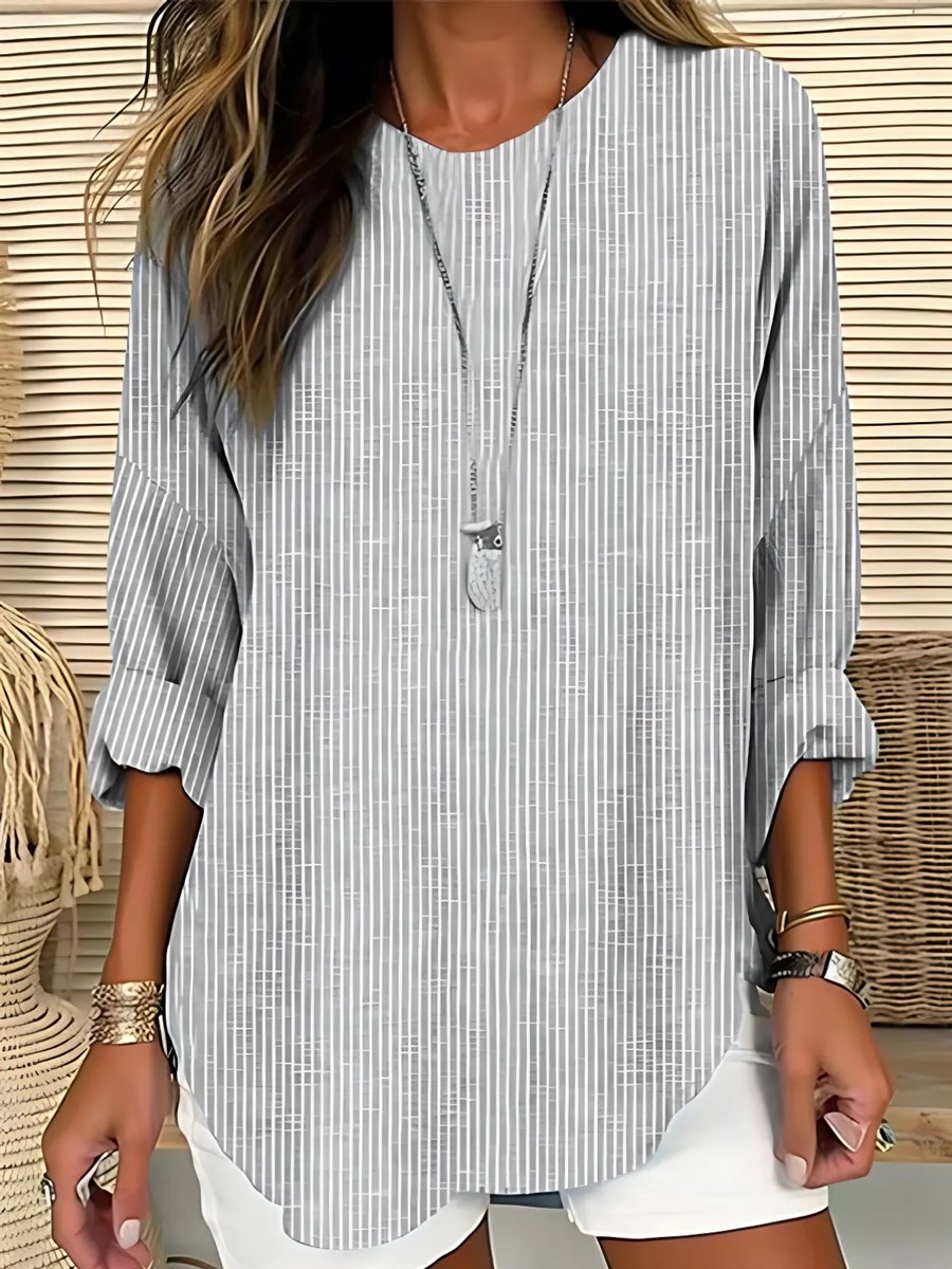 Relaxed Round Neck Striped Top with Three-Quarter Sleeves