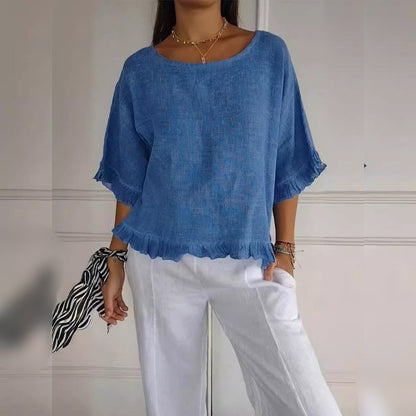 Lightweight Ruffle Accent Short Sleeve Blouse