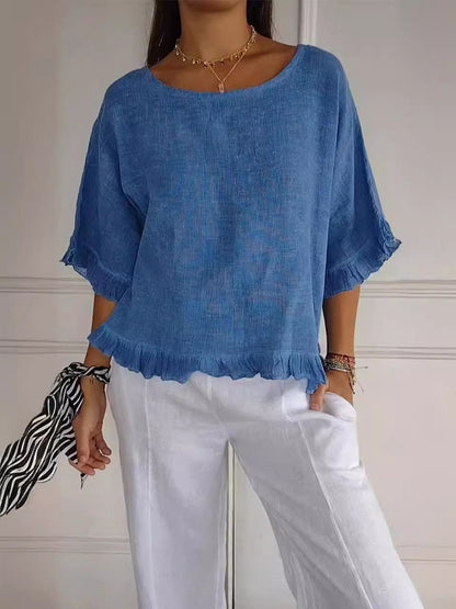 Lightweight Ruffle Accent Short Sleeve Blouse
