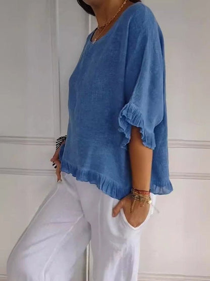 Lightweight Ruffle Accent Short Sleeve Blouse