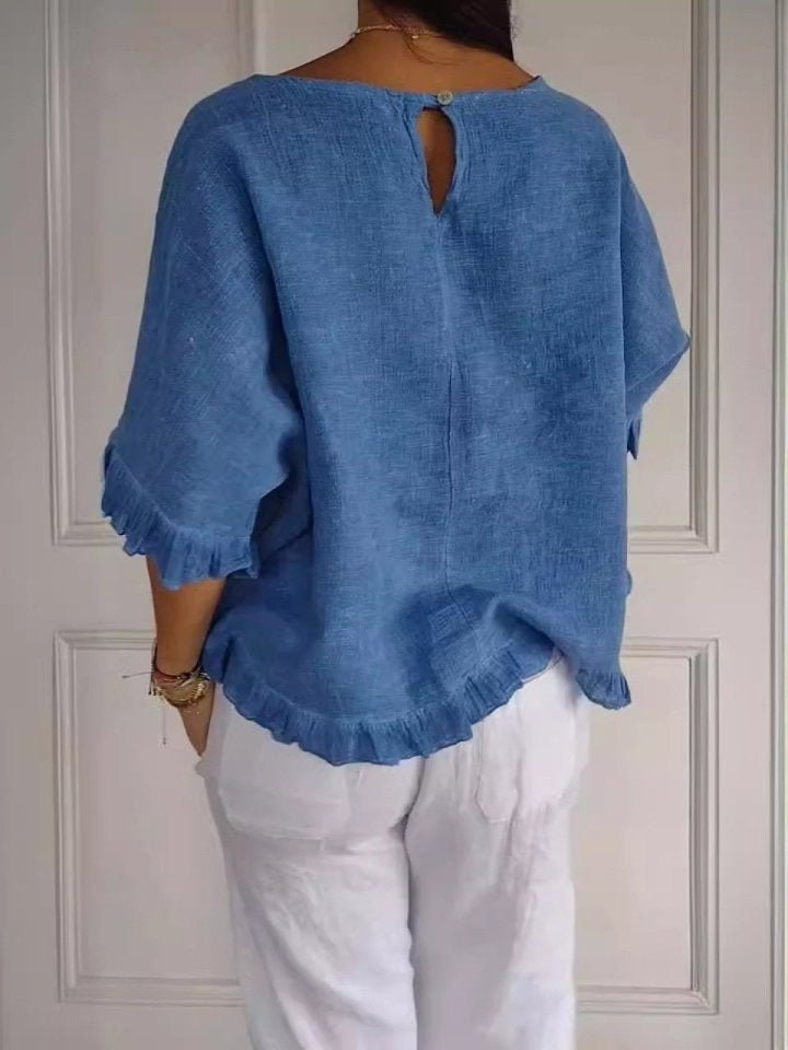 Lightweight Ruffle Accent Short Sleeve Blouse