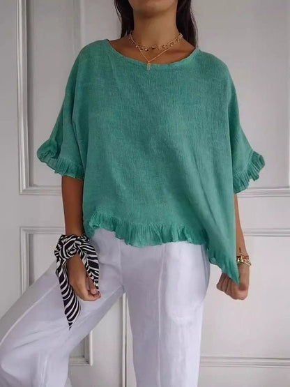 Lightweight Ruffle Accent Short Sleeve Blouse