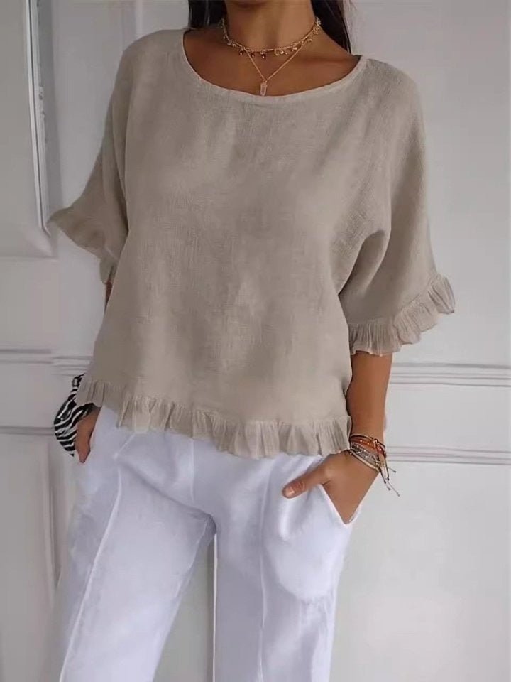 Lightweight Ruffle Accent Short Sleeve Blouse