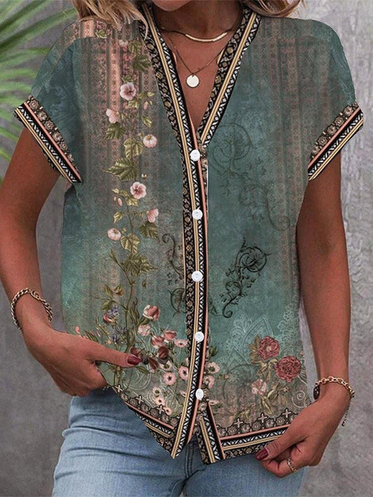 Watercolour Floral V-Neck Short Sleeve Blouse