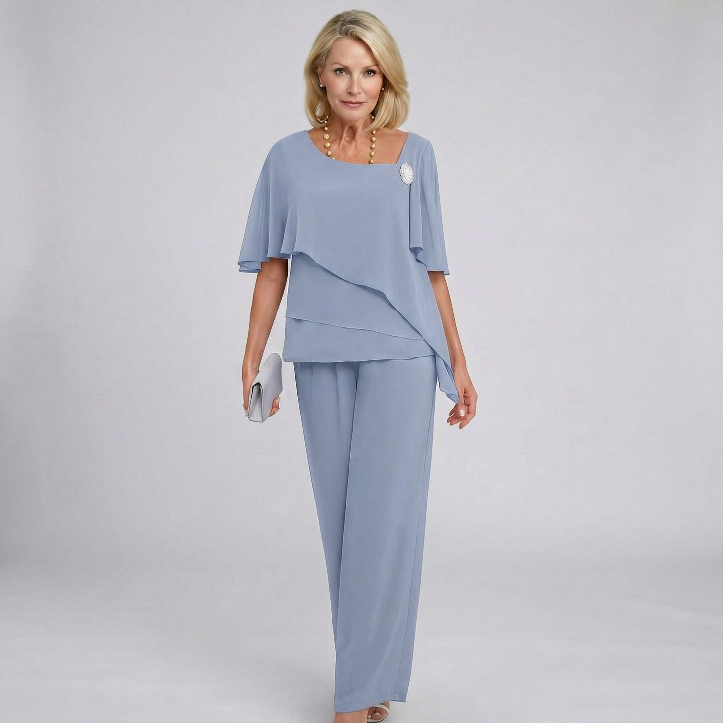 Cape-Sleeve Chiffon Blouse and Wide-Leg Evening Trousers Set