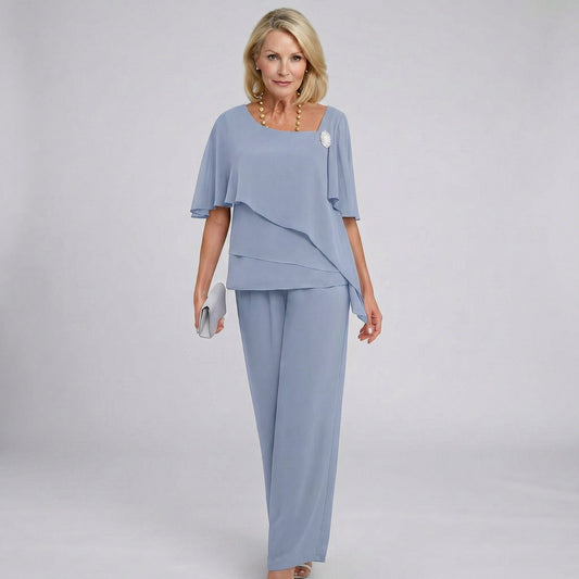 Cape-Sleeve Chiffon Blouse and Wide-Leg Evening Trousers Set